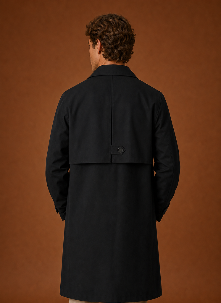 Back view of a beige men's mid-long trench coat with straight hem
