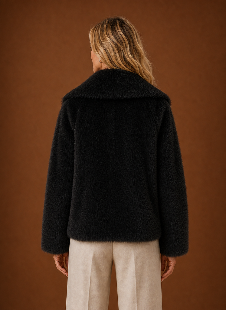 Back view of women's faux fur coat with smooth, clean lines
