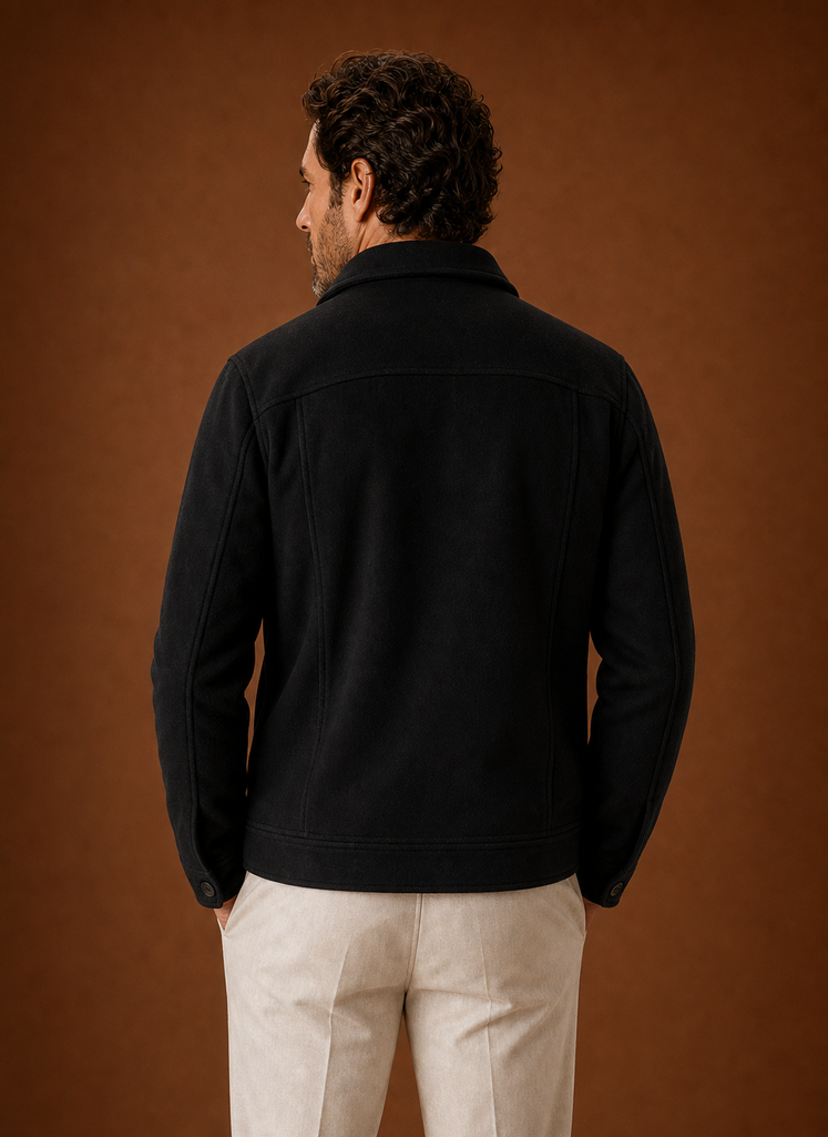Back view of men's button-front casual jacket in Black