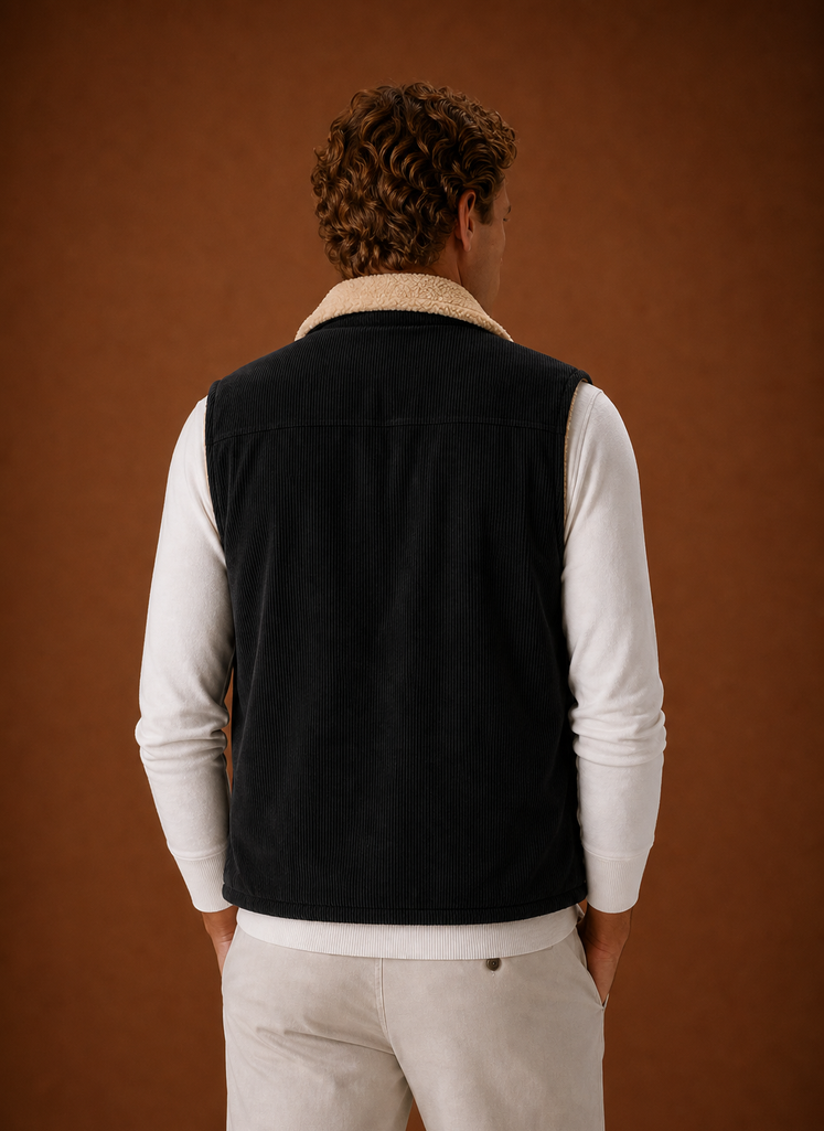 Back view of men's sherpa-lined corduroy vest showing straight back silhouette