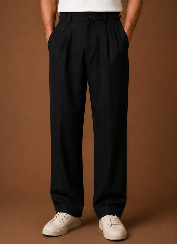 Close-up of the crew neckline and stitch detail on the men's black pullover