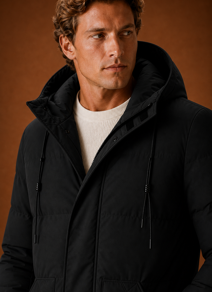 Close-up of puffer stitching and hood detail on the jacket