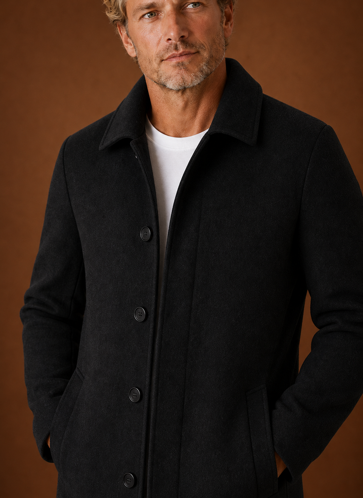 Close-up detail of the overcoat's texture and stitching at the front panel