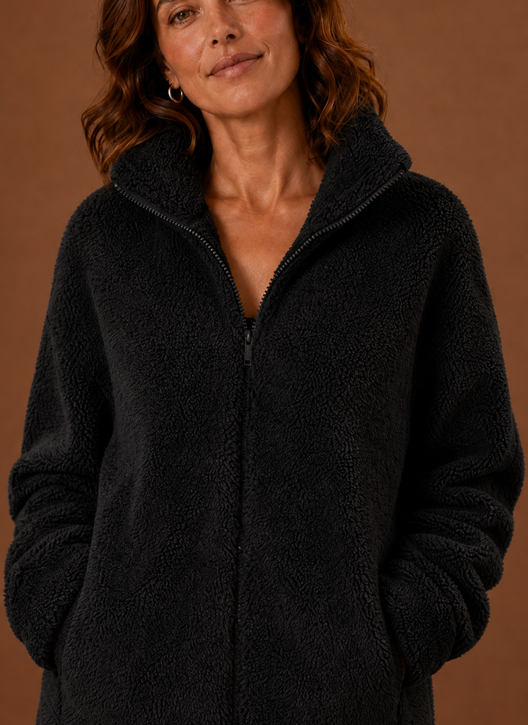 Women's Fleece Sherpa Zip Up Winter Jacket closeup view