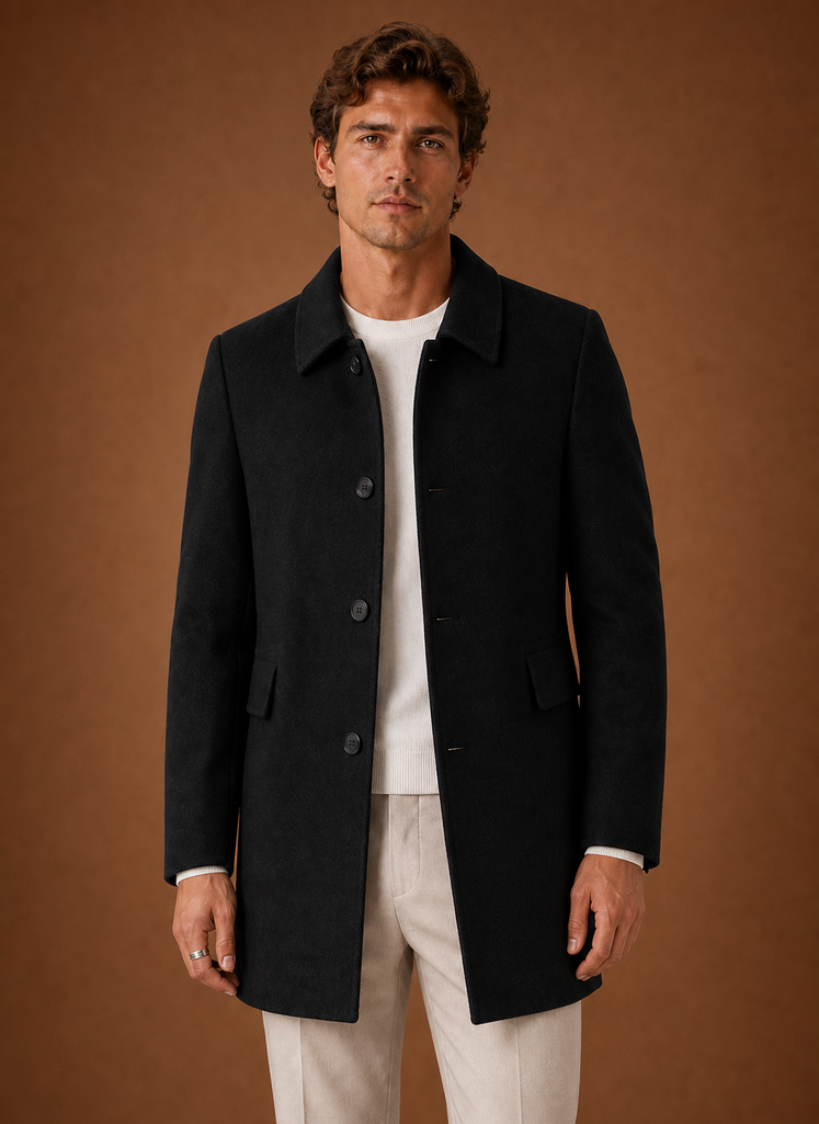 Front view of men's long overcoat on a mannequin showing tailored silhouette