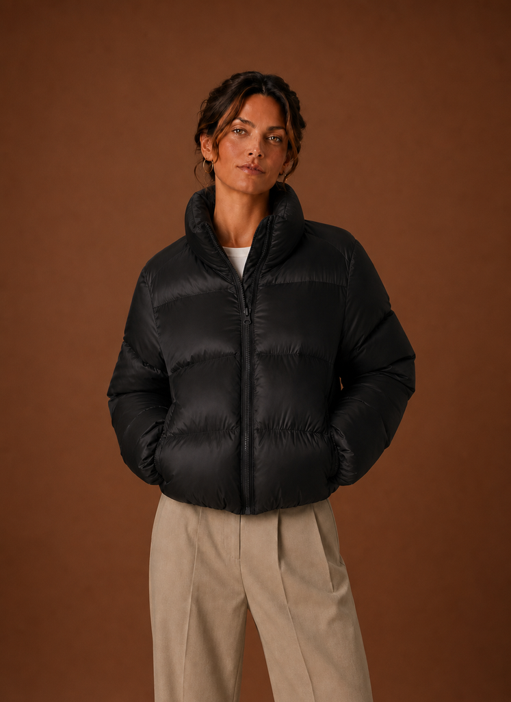 Front view of Areleon women's puffer jacket in chocolate brown on a plain background