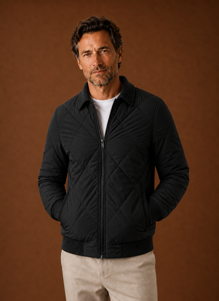 Front view of men's quilted bomber jacket with zip closure