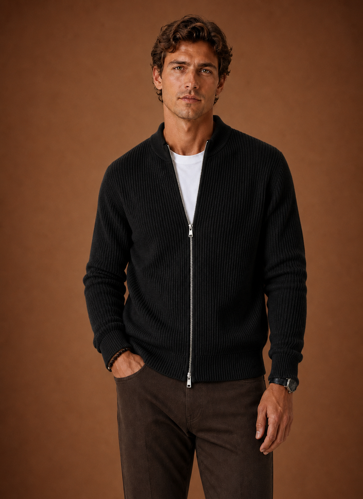 Men's Full Zip Knit Cardigan Sweater Ribbed Zip-Up Jacket | Areleon