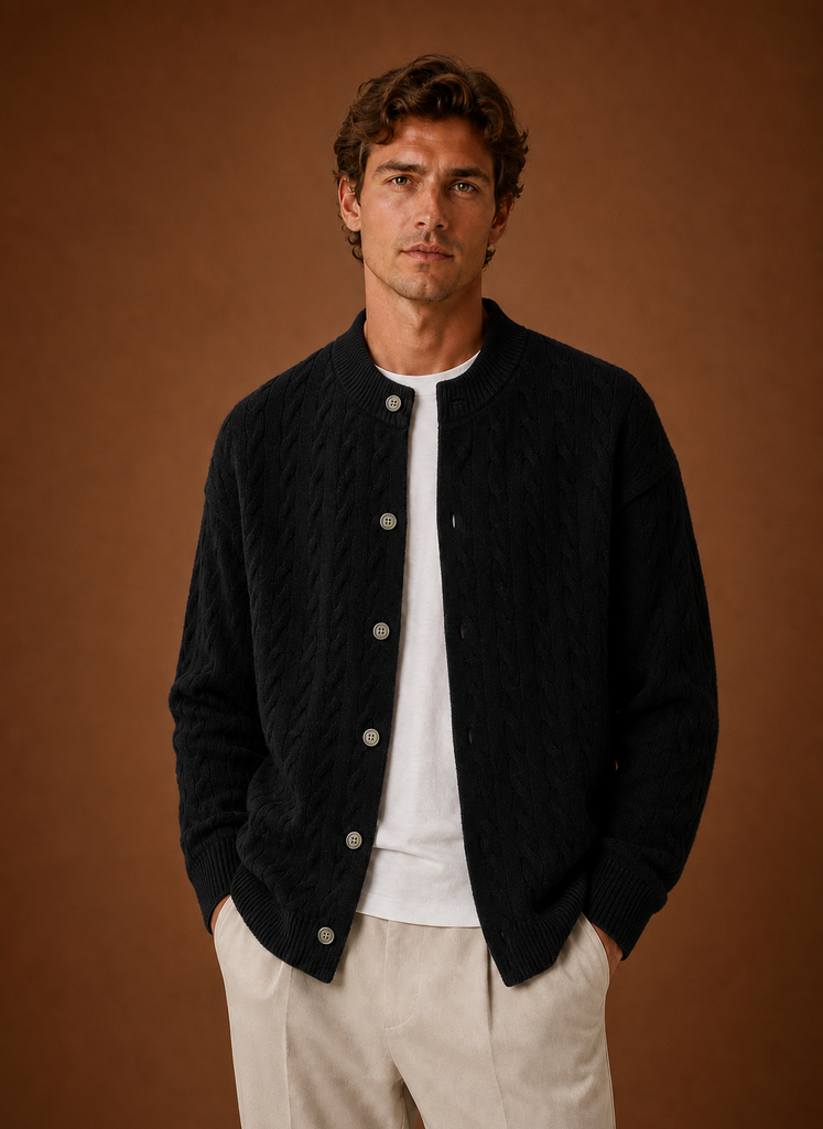 Front view of men's cable knit cardigan with button-front closure on a mannequin