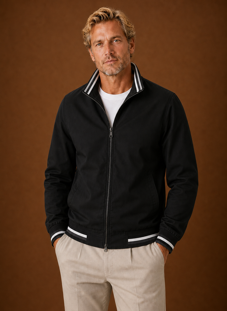 Front view of men's lightweight bomber jacket with zip closure