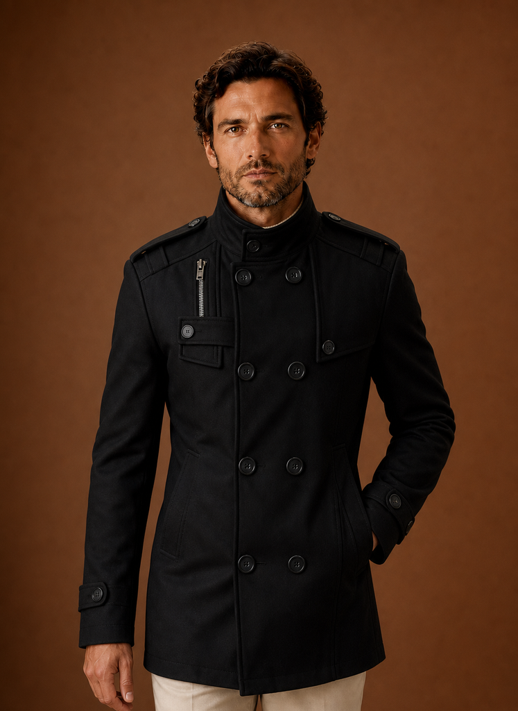 Front view of men's double-breasted overcoat on mannequin with buttoned front