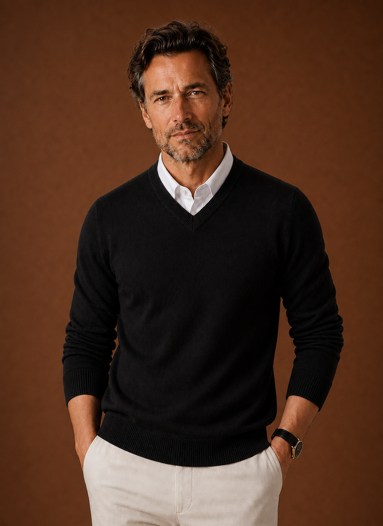 Front view of men's V-neck knit sweater in navy
