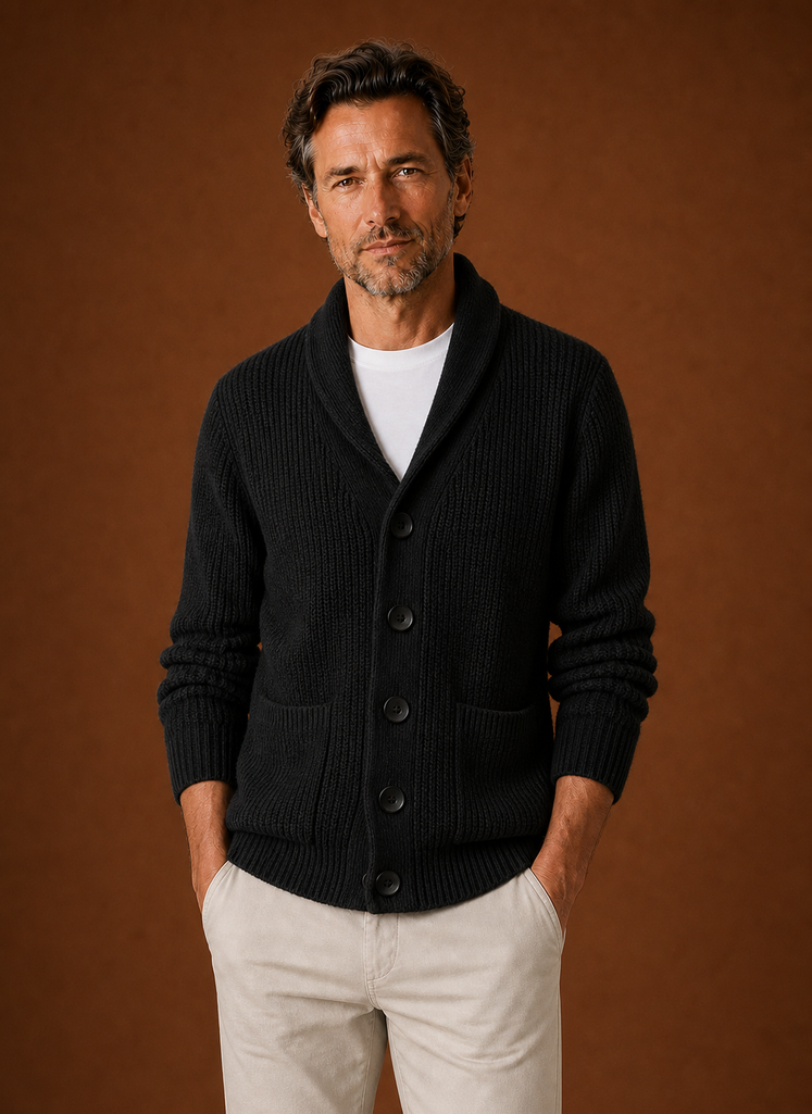 Front view of men's shawl collar cardigan showing the shawl neckline and front silhouette