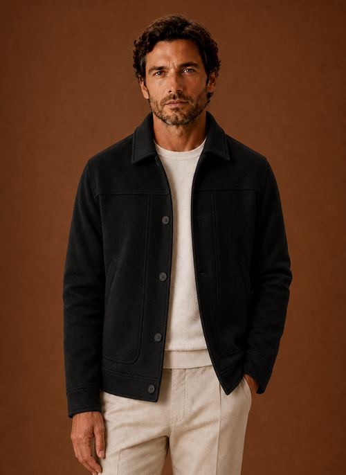 Front view of men's button-front casual jacket in Black on mannequin