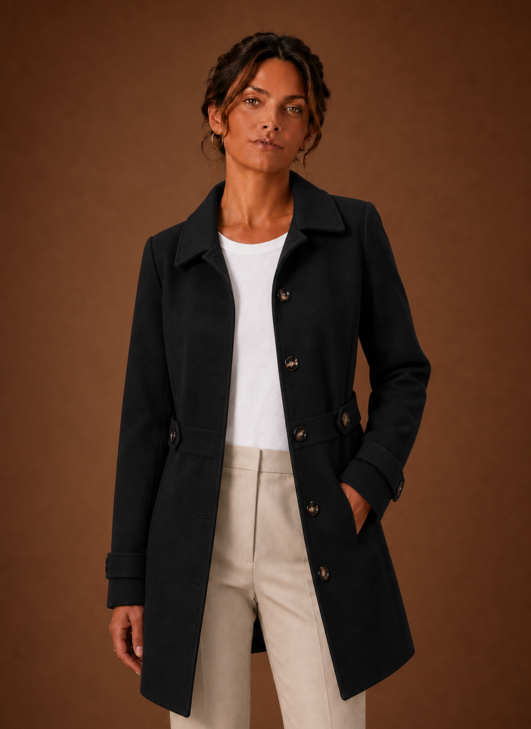 Front view of Areleon women's mid-length trench coat showing button-front closure and clean silhouette