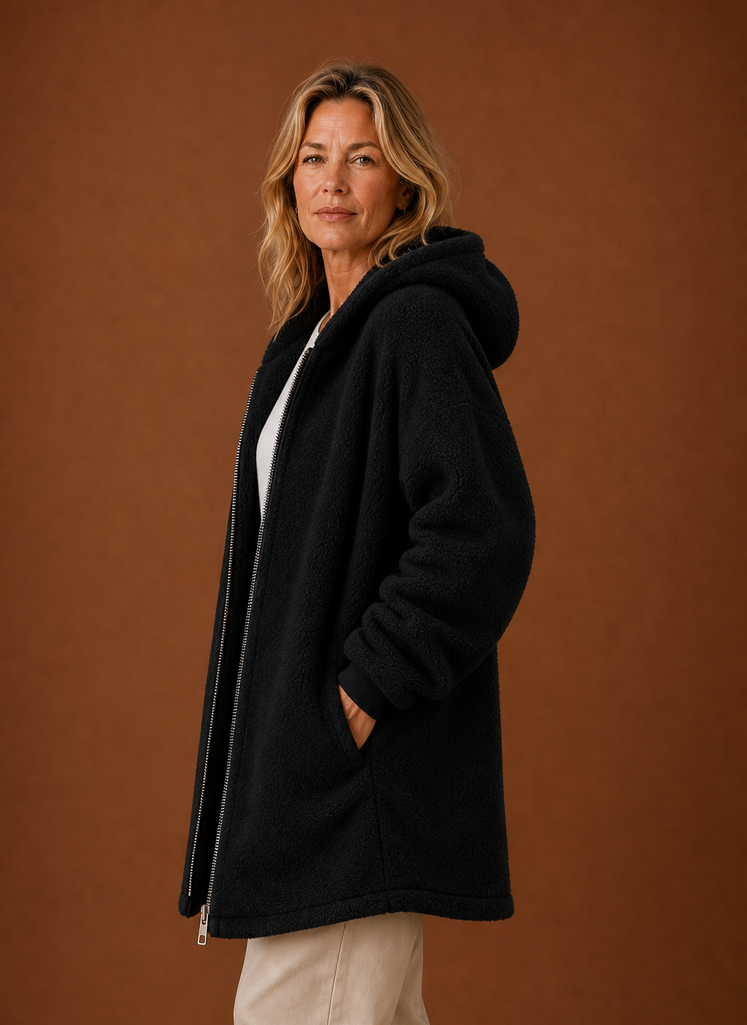 Women's Long Fleece Hooded Winter Jacket side view