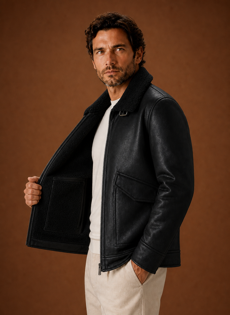 Side view of men's winter coat showing length and structured collar