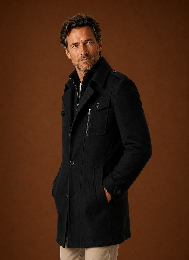 Side view of men's long coat showing longline profile and fitted sleeves