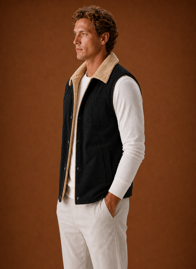 Side view of men's sherpa-lined vest highlighting the profile and arm opening
