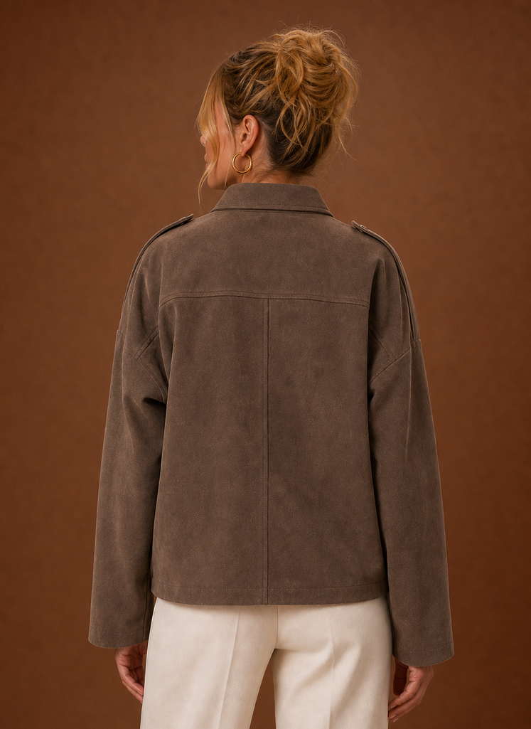 Back view of the Areleon women's oversized jacket highlighting boxy silhouette
