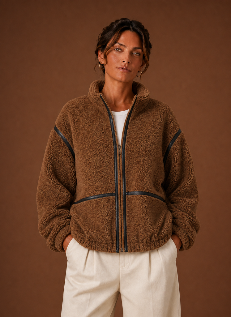 Front view of women's sherpa jacket on mannequin showing zip closure and pockets