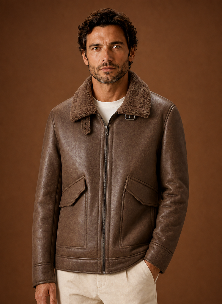 Front view of men's winter coat on mannequin showing tailored overcoat silhouette