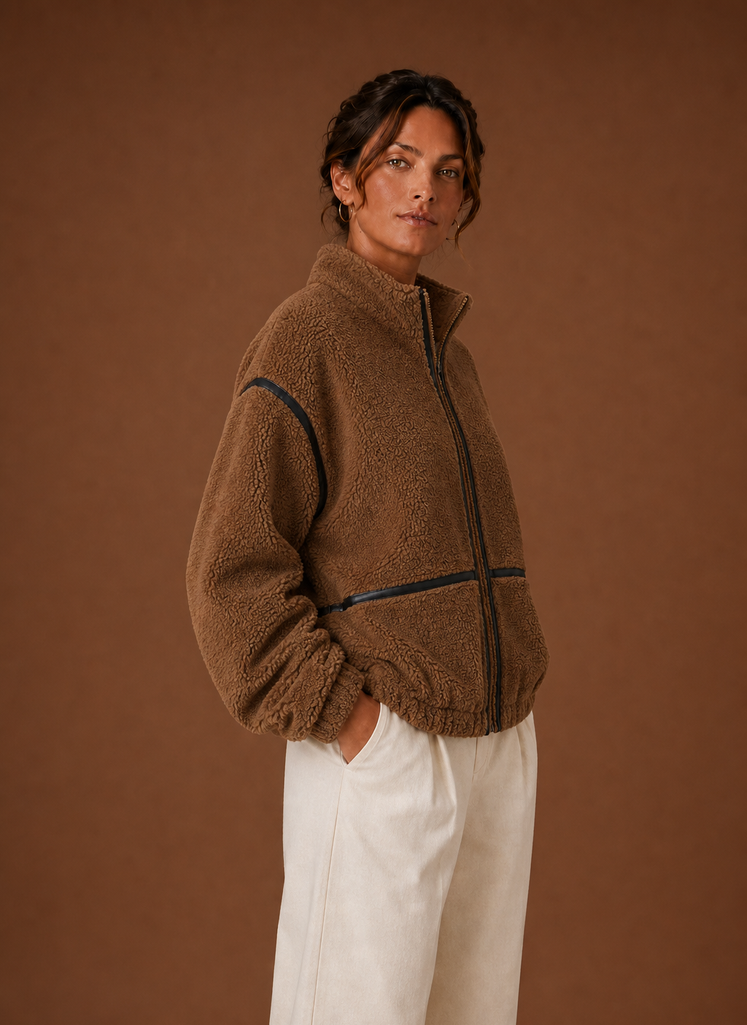 Side view of women's sherpa jacket highlighting collar and relaxed fit