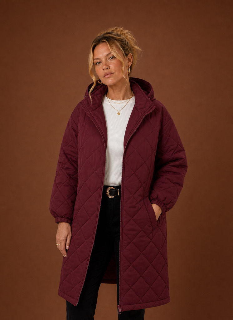 Women's Long Quilted Hooded Winter Coat front view