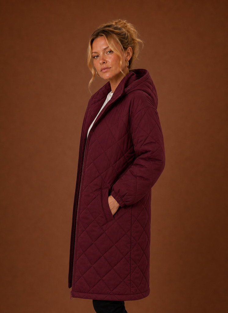 Women's Long Quilted Hooded Winter Coat side view