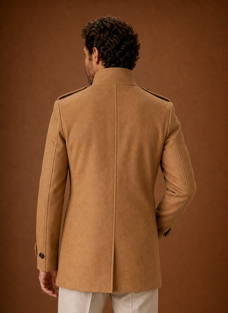 Back view of men's overcoat showing plain back with no buttons