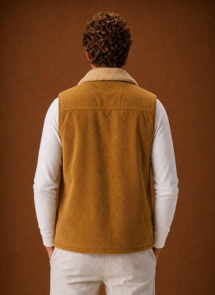 Back view of men's sherpa-lined corduroy vest showing straight back silhouette