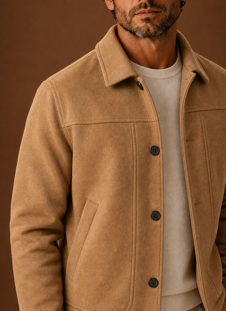 Close-up of button-front closure and shirt-style collar on men's casual jacket