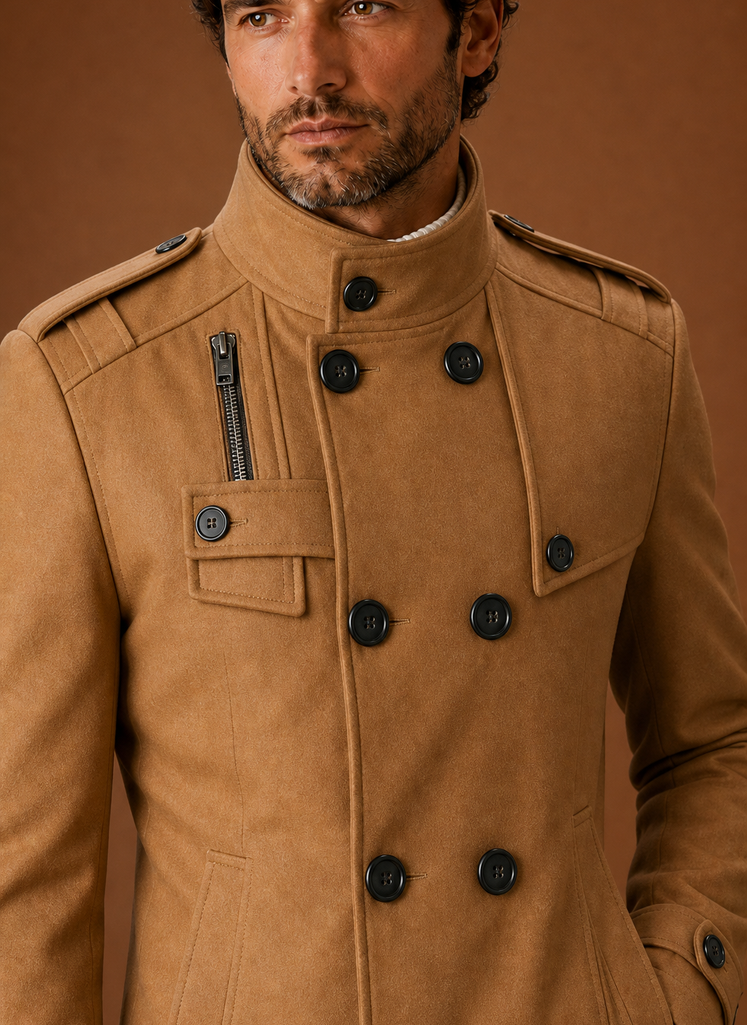 Close-up of overcoat button-front closure and stitching details