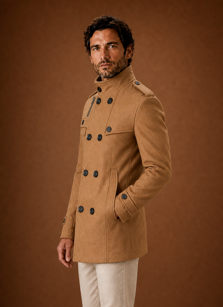 Side profile of men's double-breasted overcoat showing clean silhouette