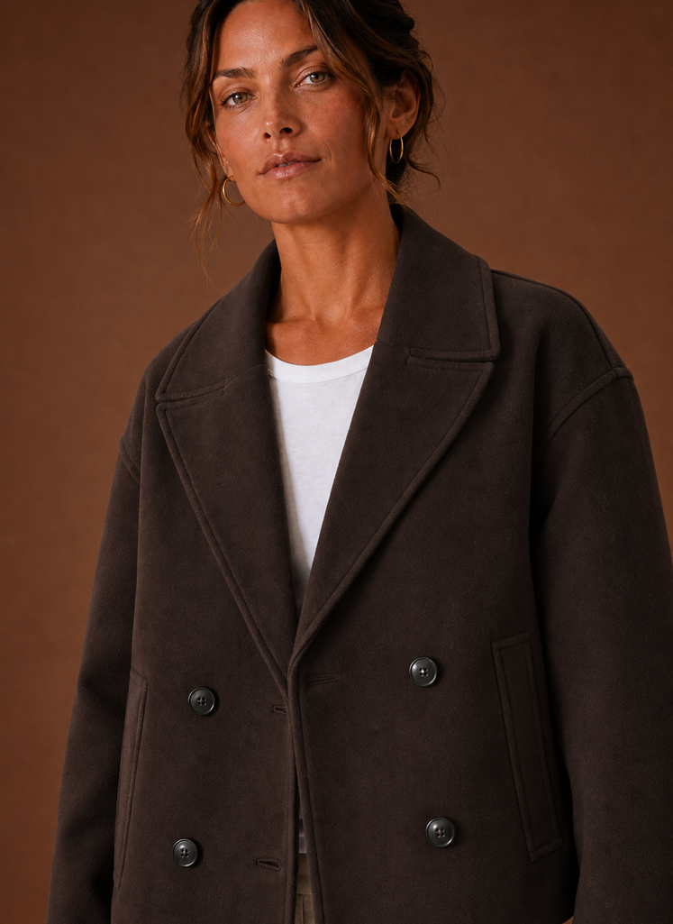 Close-up of the wide lapel collar and double-breasted button front detail