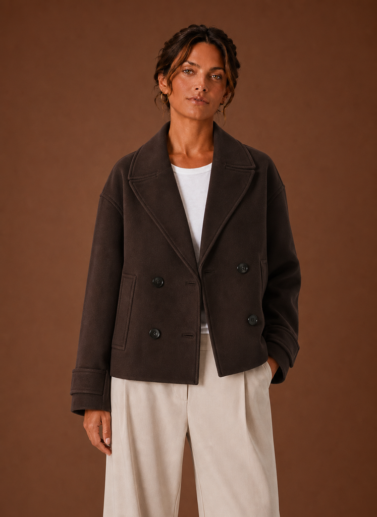 Front view of Areleon women's double-breasted cropped coat showing wide lapel collar and structured silhouette