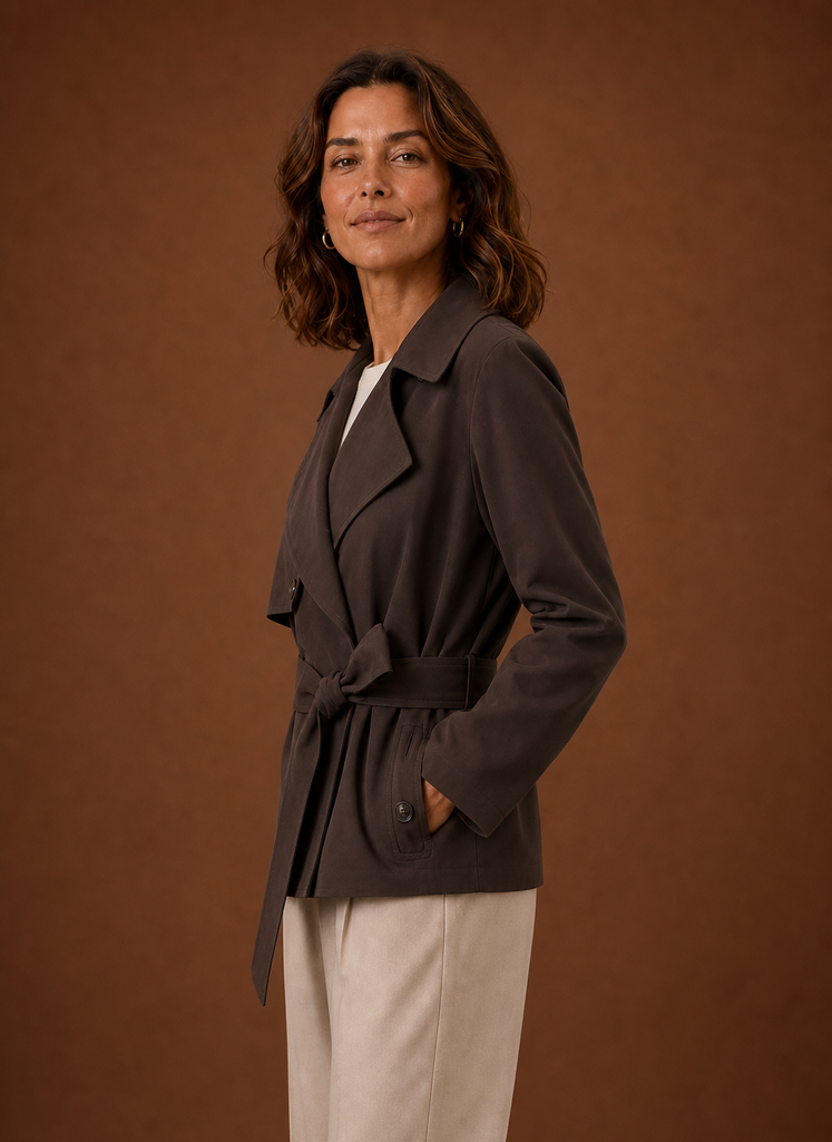 Side profile of women's belted trench jacket highlighting the fit at the waist and sleeve