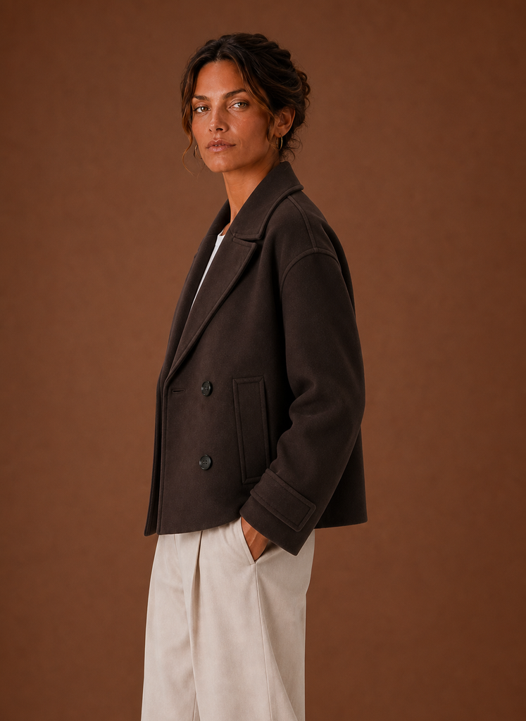 Side view of Areleon women's double-breasted cropped coat showing profile and tailored fit
