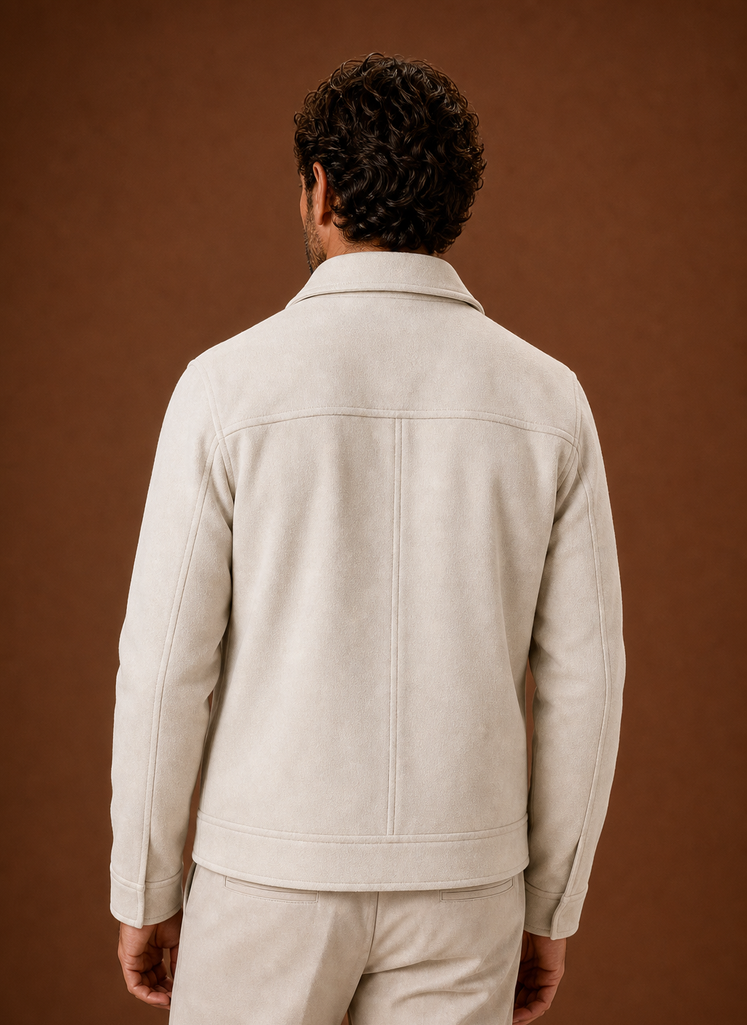 Back view of men's button-front casual jacket in Cream