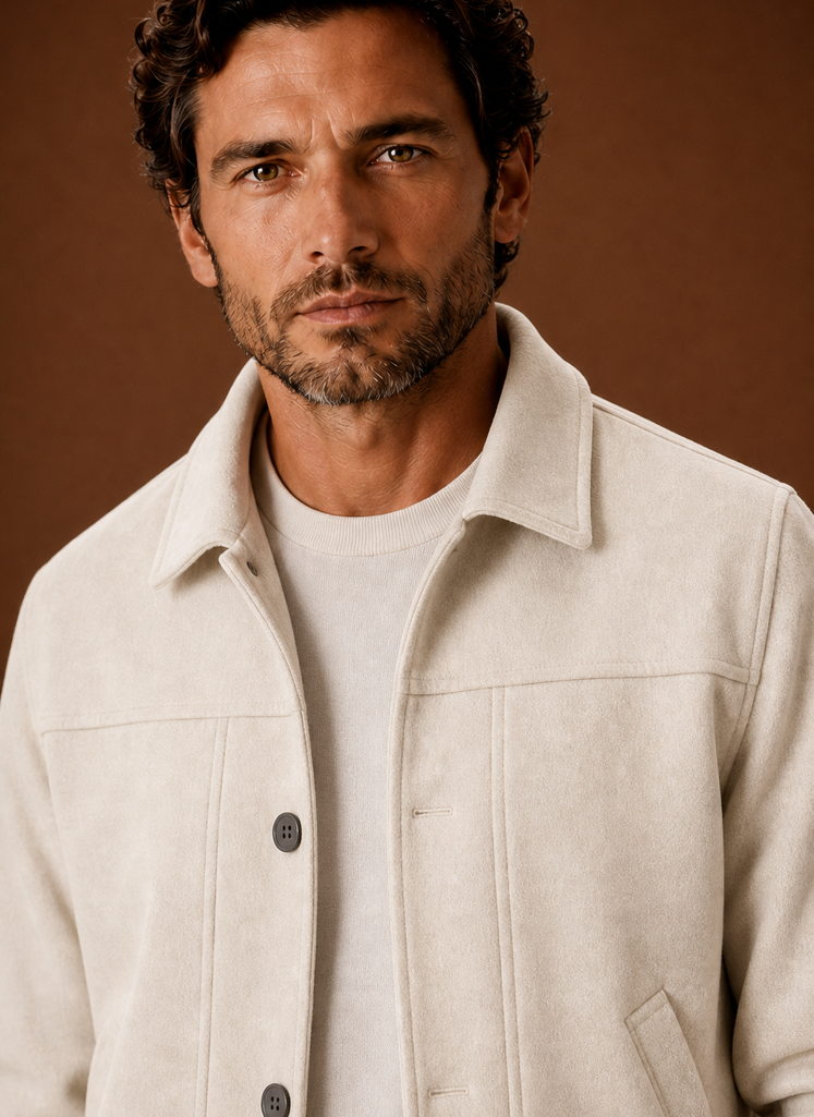 Close-up of button-front closure and shirt-style collar on men's casual jacket