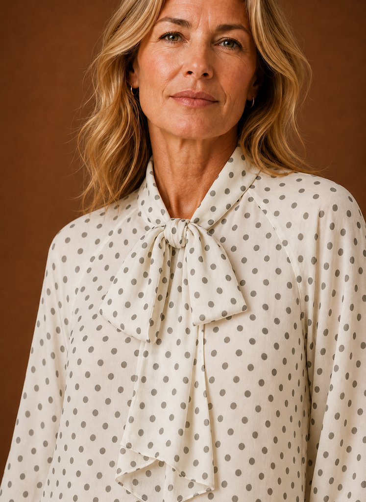 Close-up of the polka dot pattern and high neckline detail