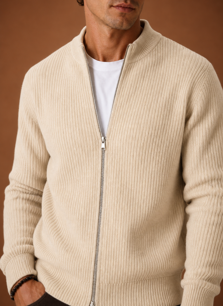 Men's Full Zip Knit Cardigan Sweater Ribbed Zip-Up Jacket | Areleon