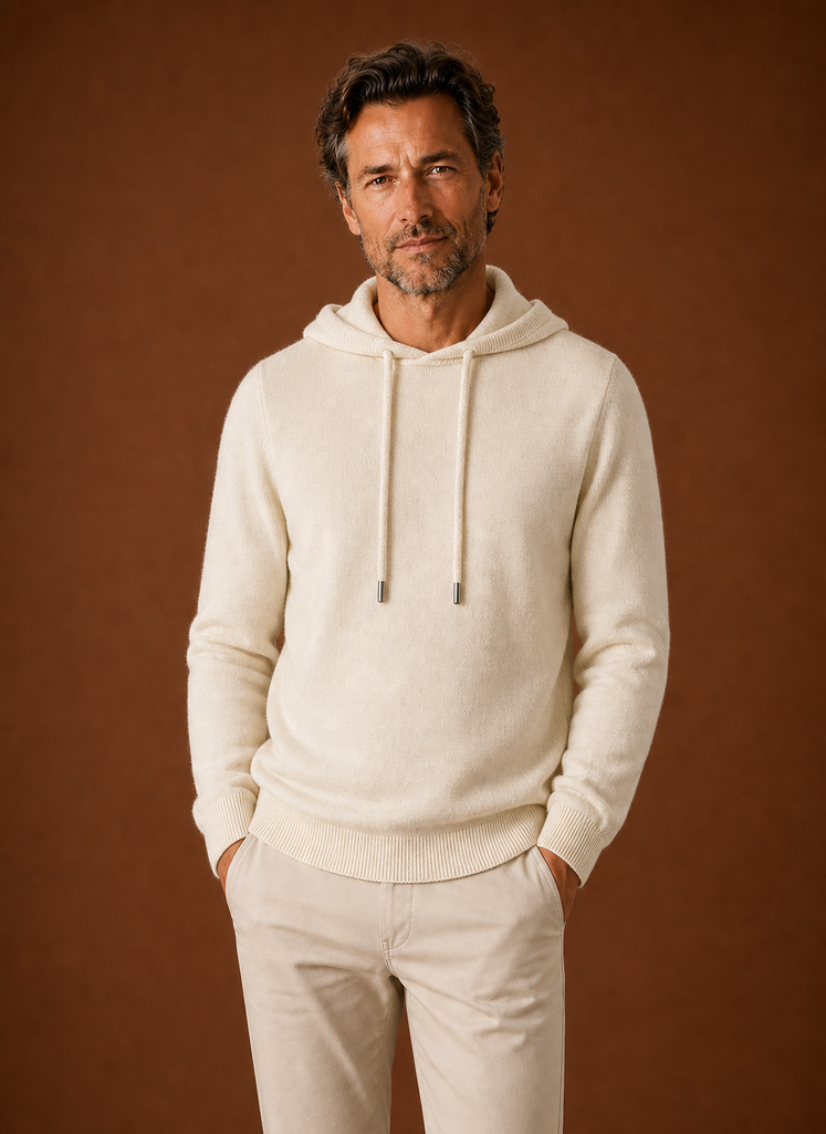 Front view of Areleon men's knitted hooded pullover