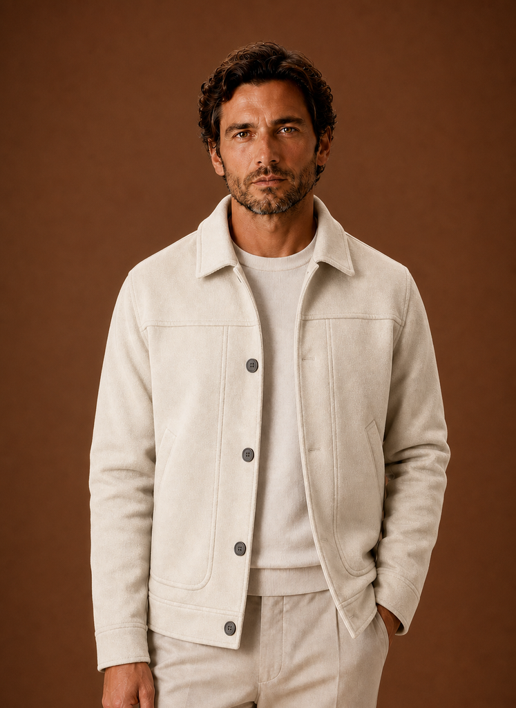 Front view of men's button-front casual jacket in Cream on mannequin