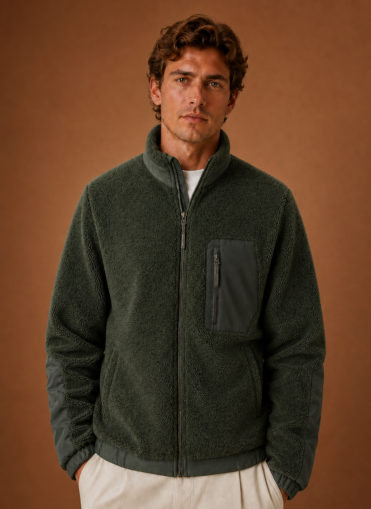 Front view of men's sherpa fleece jacket on a mannequin with zip closed
