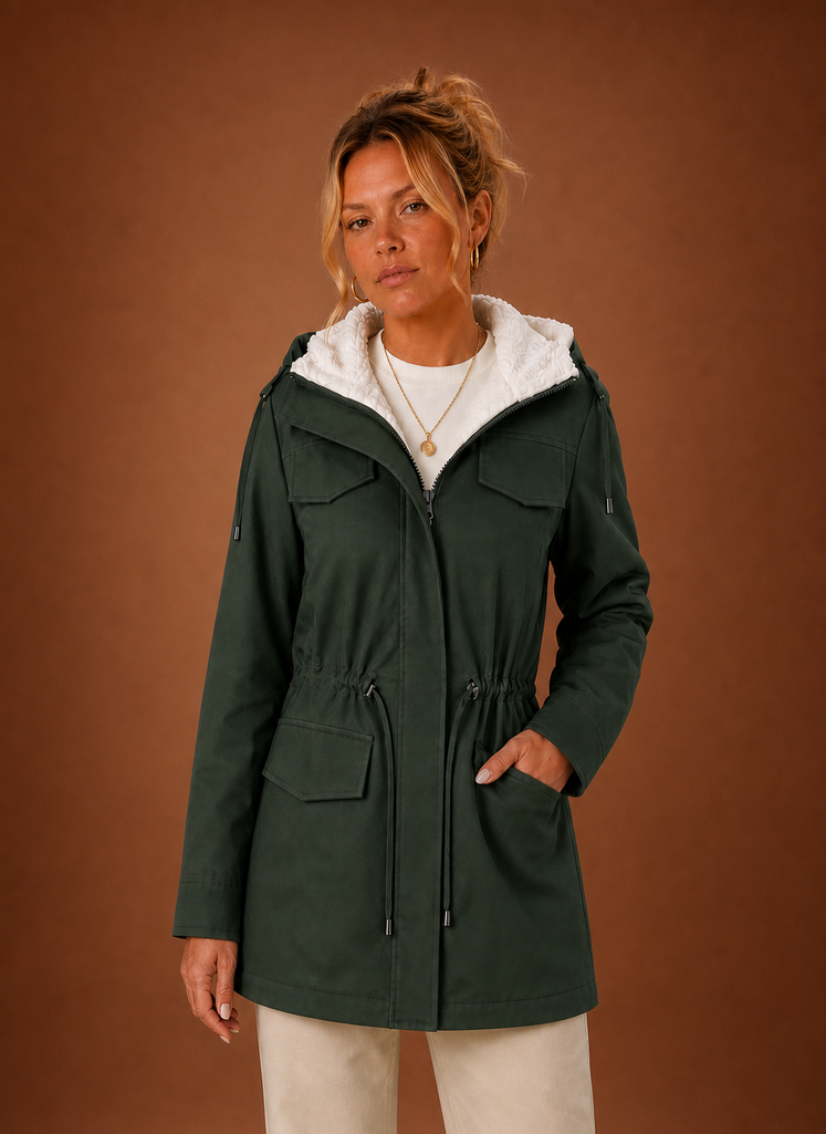 Front view of Areleon women's hooded parka jacket with fleece-lined interior