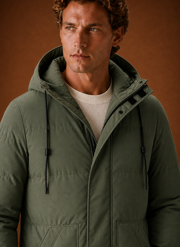 Close-up of puffer stitching and hood detail on the jacket