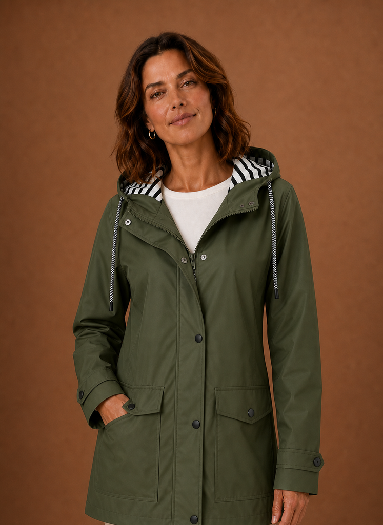Front view of women's hooded trench coat on mannequin showing hood and streamlined front silhouette