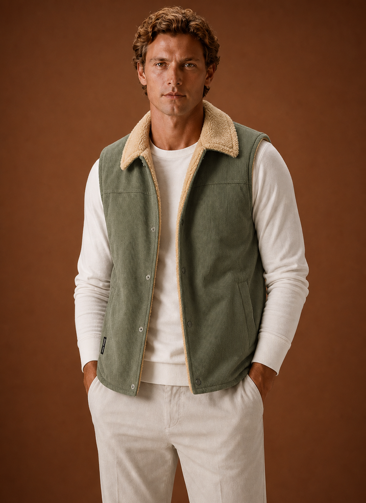 Front view of men's sherpa-lined corduroy vest on a neutral background showing sleeveless gilet silhouette
