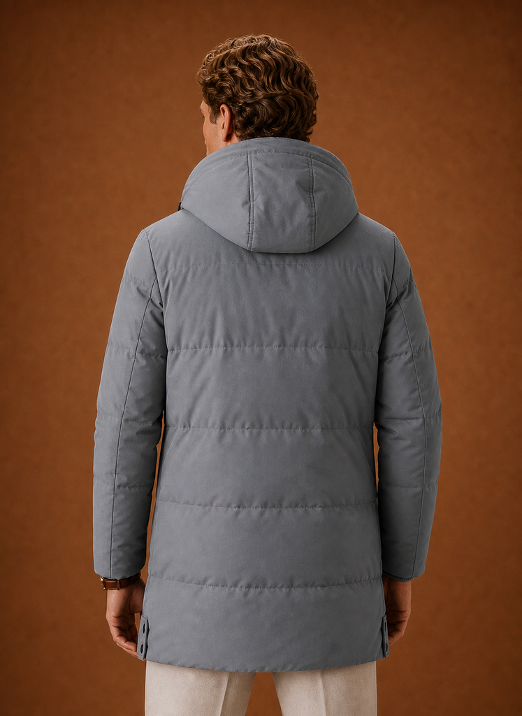Back view of men's hooded puffer parka jacket showing the hood and puffer construction